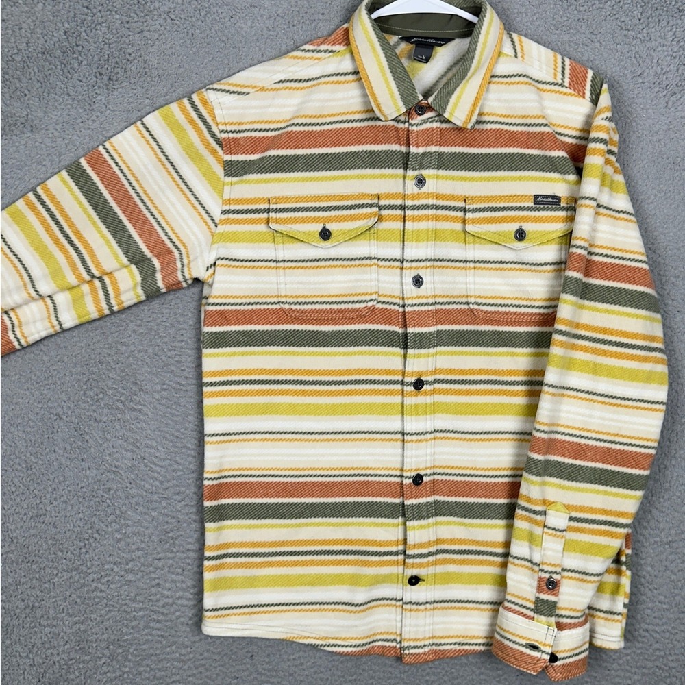 Eddie Bauer Shirt Mens Medium Fleece Yellow Green Orange Striped Button Up EUC
